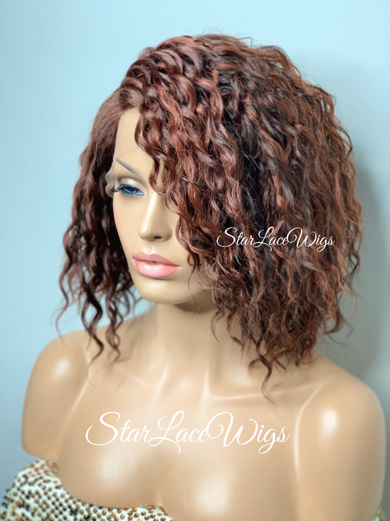 Wavy Lace Front Bob Wig Ginger Auburn Red Side Part - Cherry