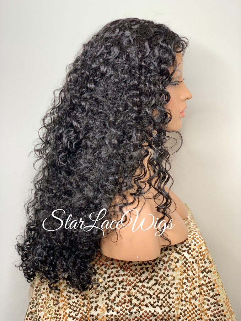 Curly Lace Front Wig Long Wavy Black Layers Middle Part - Kailey