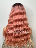 Long Pink Full Wig with Bangs Synthetic Wavy Dark Roots - Cadence