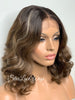Short Wavy Ash Brown Lace Front Bob Wig Highlights (6x13) Parting Space - Joey