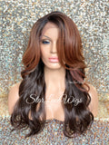 Long Wavy Brown Auburn Ombre Synthetic Lace Front Wig Bangs Dark Roots - Serena