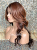 Long Wavy Brown Auburn Ombre Synthetic Lace Front Wig Bangs Dark Roots - Serena