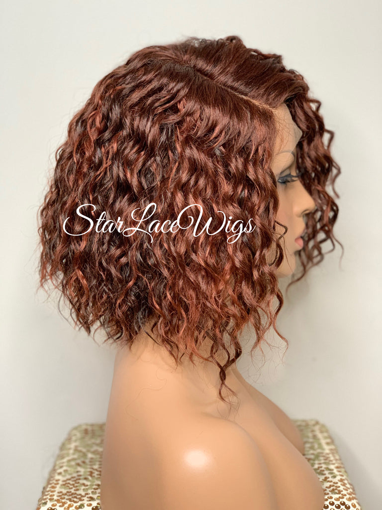 Wavy Lace Front Bob Wig Ginger Auburn Red Side Part - Cherry