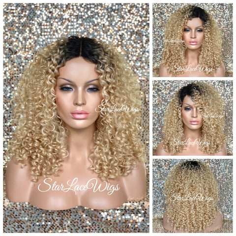 Long Platinum Blonde Lose Curly Layered Synthetic Lace Front Wig Bangs - Jazzy