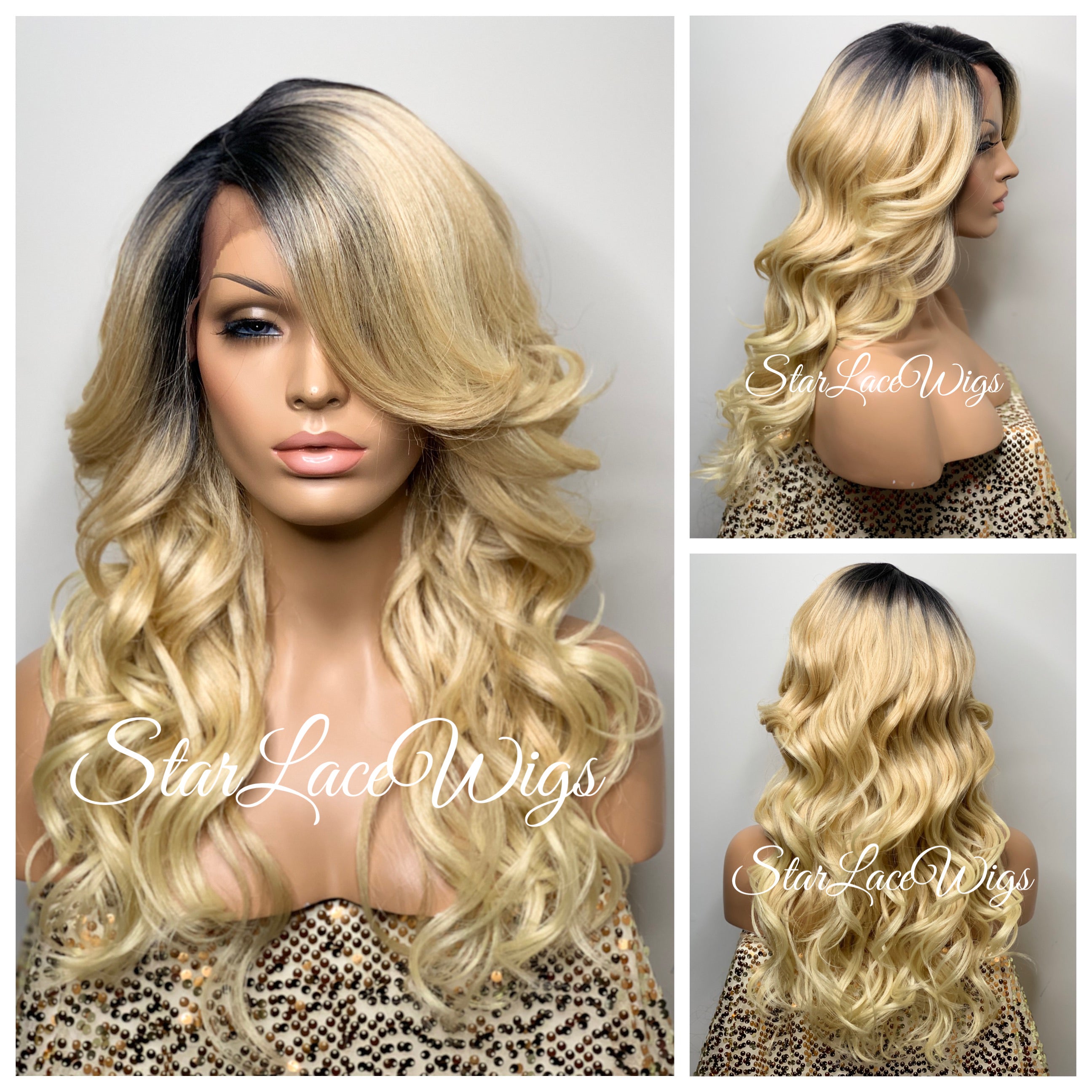 Long Wavy Synthetic Lace Front Wig Golden Blonde Dark Roots Eva