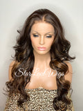 Long Curly Lace Front Wig (6x13) Parting Space Brown Auburn Highlights - Charly