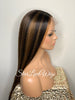 Long Straight Lace Front Wig Dark Brown Middle Part Highlights Synthetic - Mimi