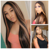 Long Straight Lace Front Wig Dark Brown Middle Part Highlights Synthetic - Mimi