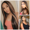 Long Straight Lace Front Wig Dark Brown Middle Part Highlights Synthetic - Mimi