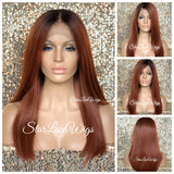 Long Straight Copper Auburn Dark Root Lace Front Wig (6x13) Parting Space - Victoria