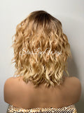 Lace Front Wig Short Wavy Honey Blonde Synthetic Bob Brown Roots - Paula