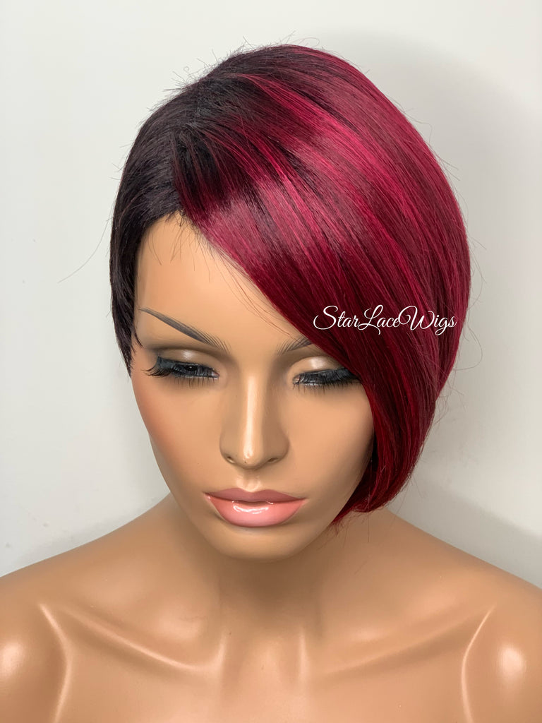 Pixie Cut Wig with Bangs Short Straight Red Black Asymmetrical - Lacey