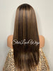 Long Straight Lace Front Wig Dark Brown Middle Part Highlights Synthetic - Mimi