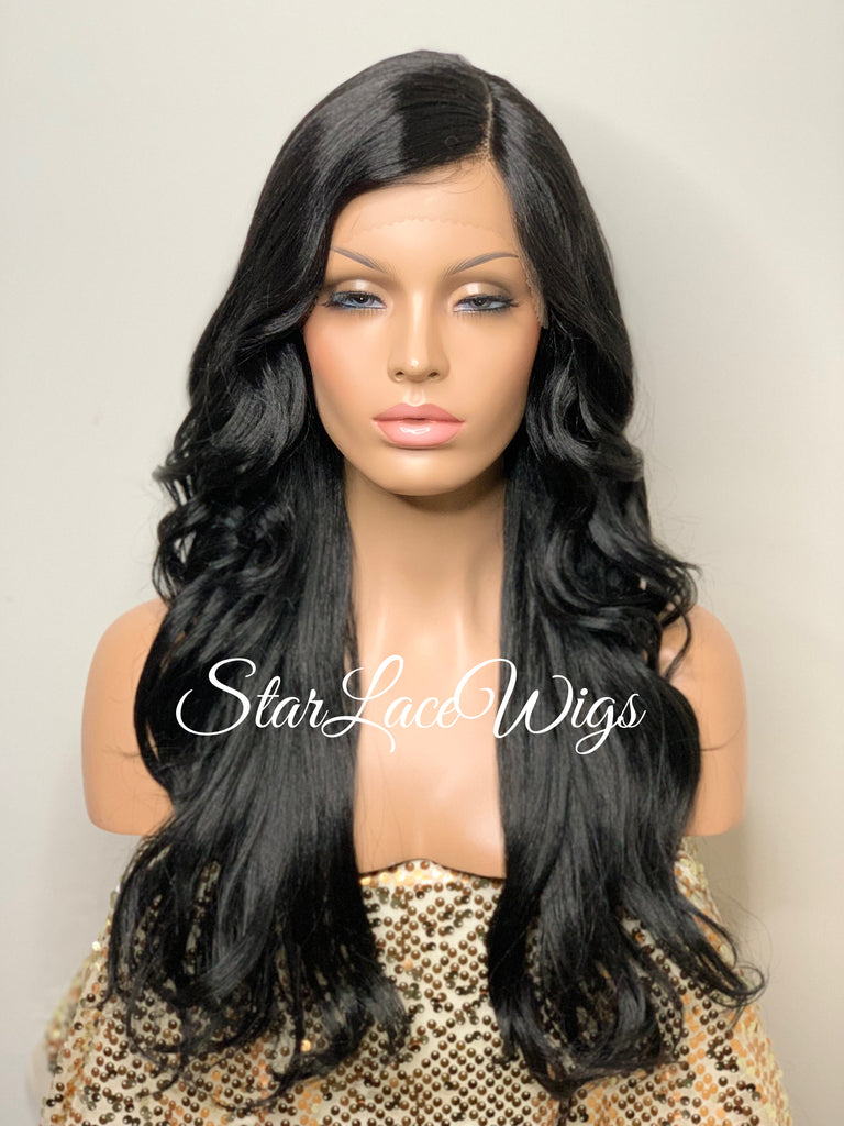 Lace Front Wig Synthetic Black Loose Waves Side Part Layers - Gwen