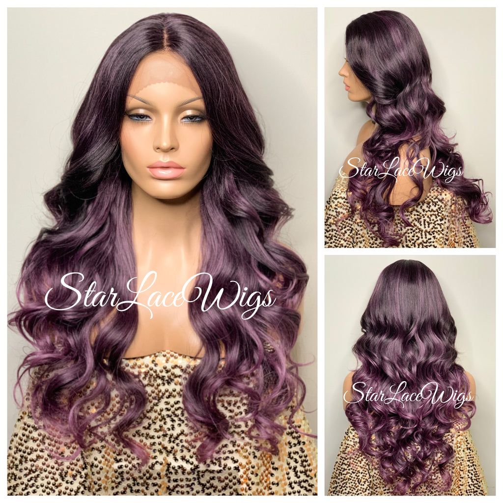 Lace Front Wig Purple Dark Roots Synthetic Long Curly Middle Part - Reign