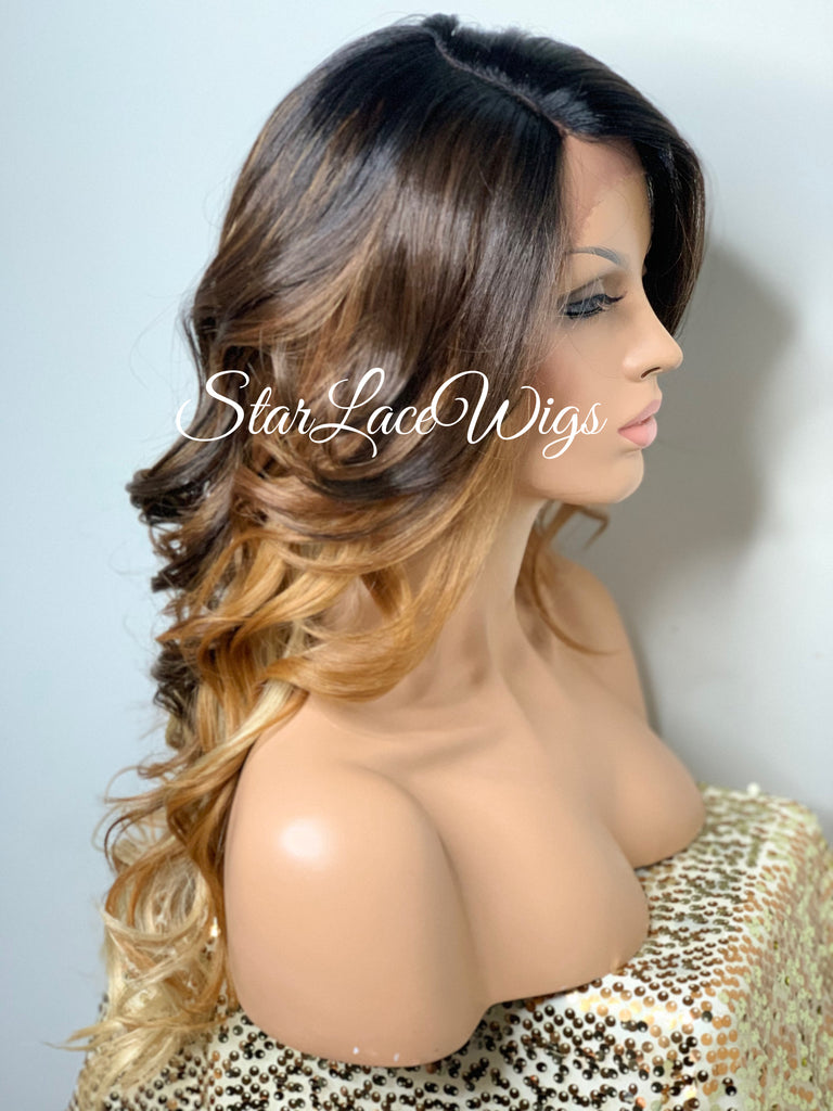 Long Wavy Brown Blonde Ombre Synthetic Lace Front Wig - Destinee