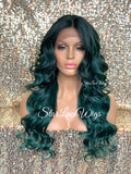 Lace Front Wig Long Synthetic Curly Layers Green Middle Part - Nora