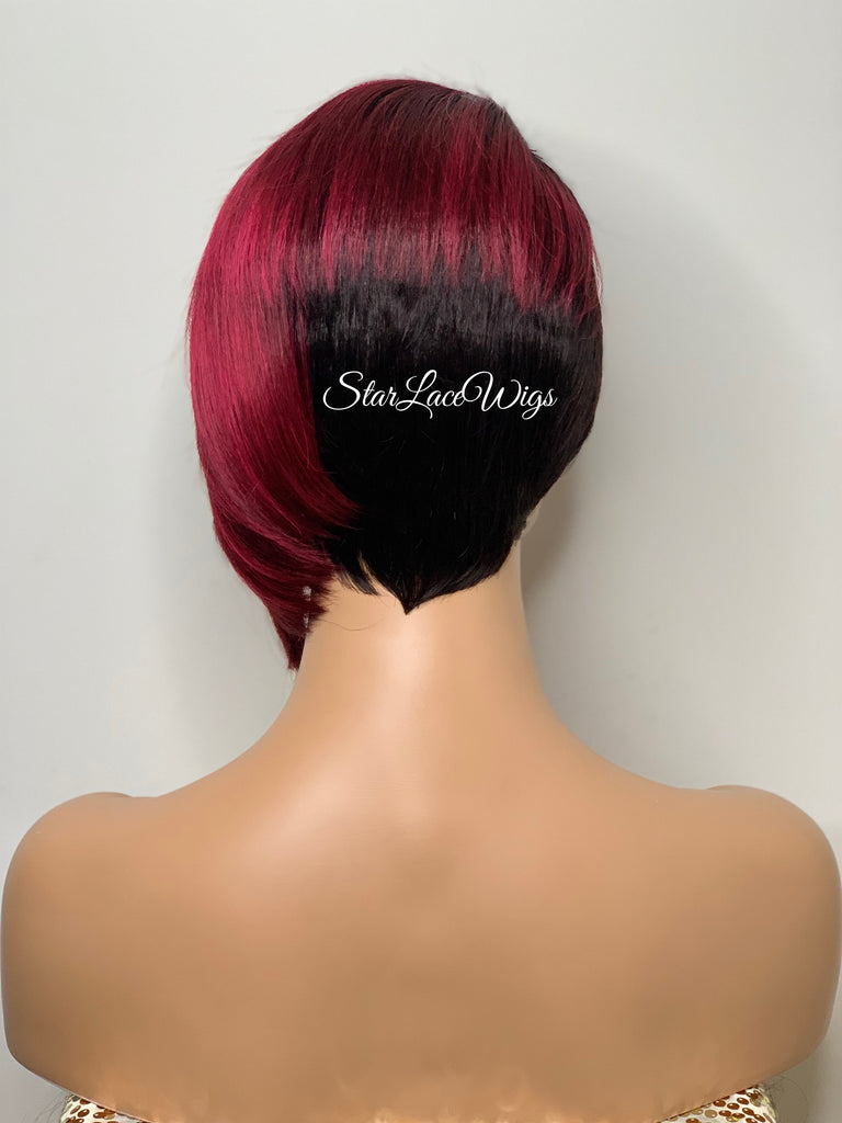 Pixie Cut Wig with Bangs Short Straight Red Black Asymmetrical - Lacey
