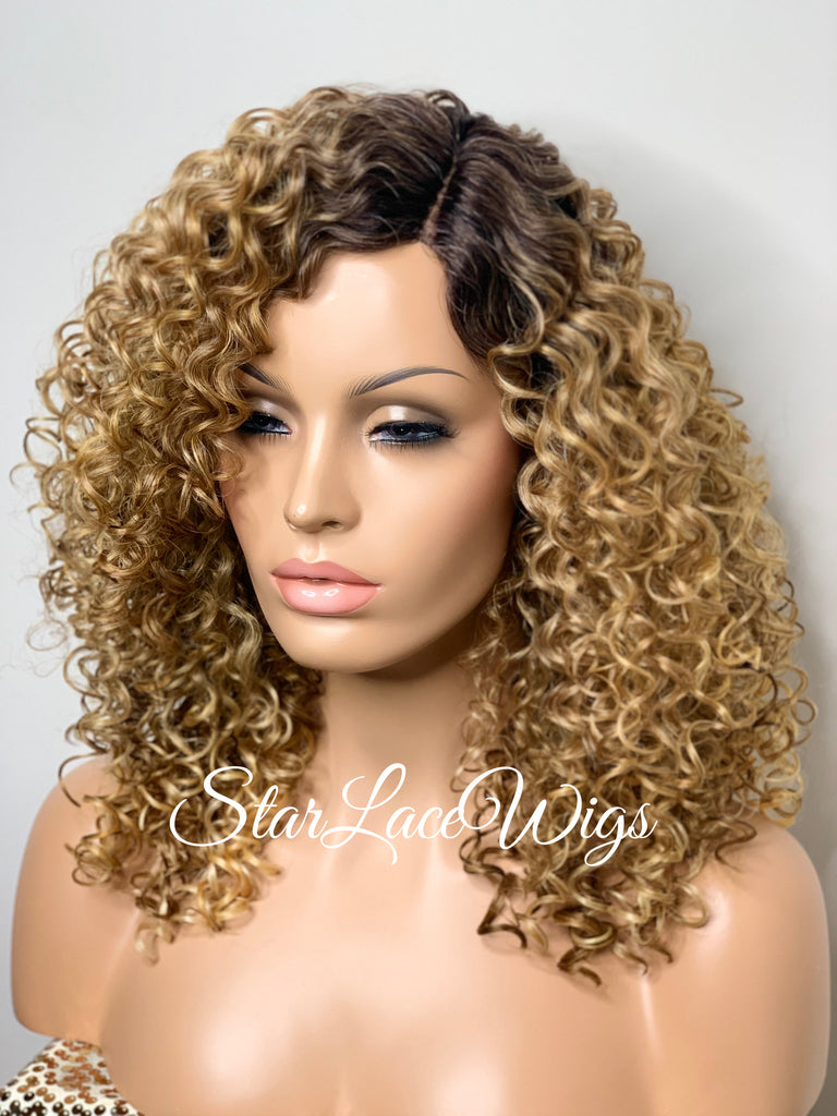 Synthetic Curly Full Wig Honey Blonde Dark Roots - Ada