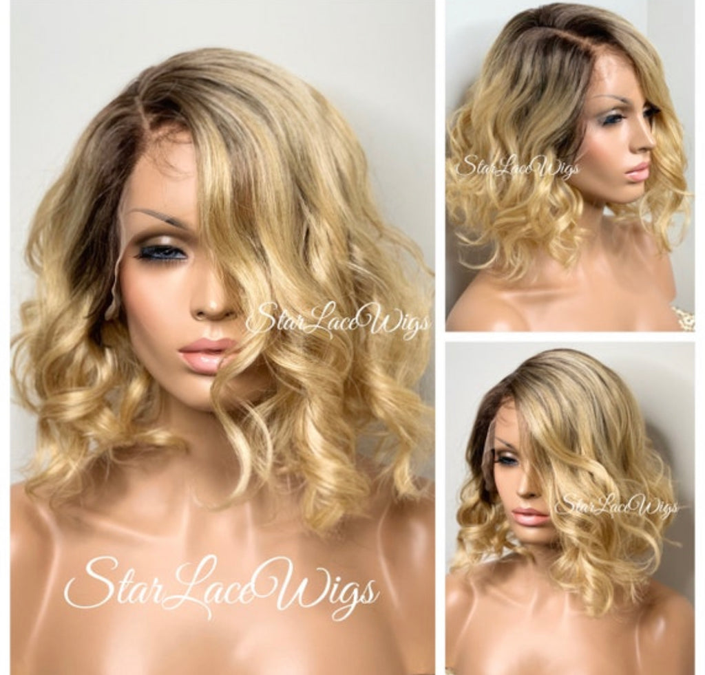 Blonde Wavy Lace Front Bob Wig Dark Roots Asymmetrical Side Part - Aimee