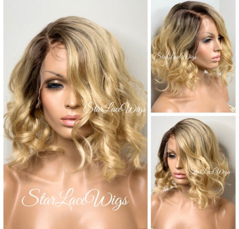 Long Blonde Lace Front Wig Bangs Wavy Synthetic Dark Roots Layers Side Part - Raquel