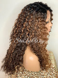 Synthetic Lace Front Wig Brown Highlights Dark Roots Long Curly - Farrah
