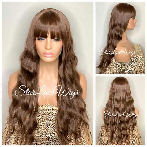 Long Brown Body Wave Wig Dark Brown Roots Middle Part Synthetic - Sally