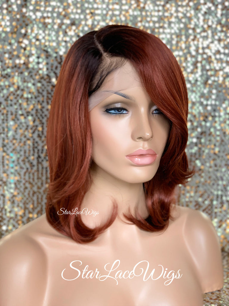 Lace Front Wig Bob Red Dark Roots Side Part Straight Bangs - Ruby