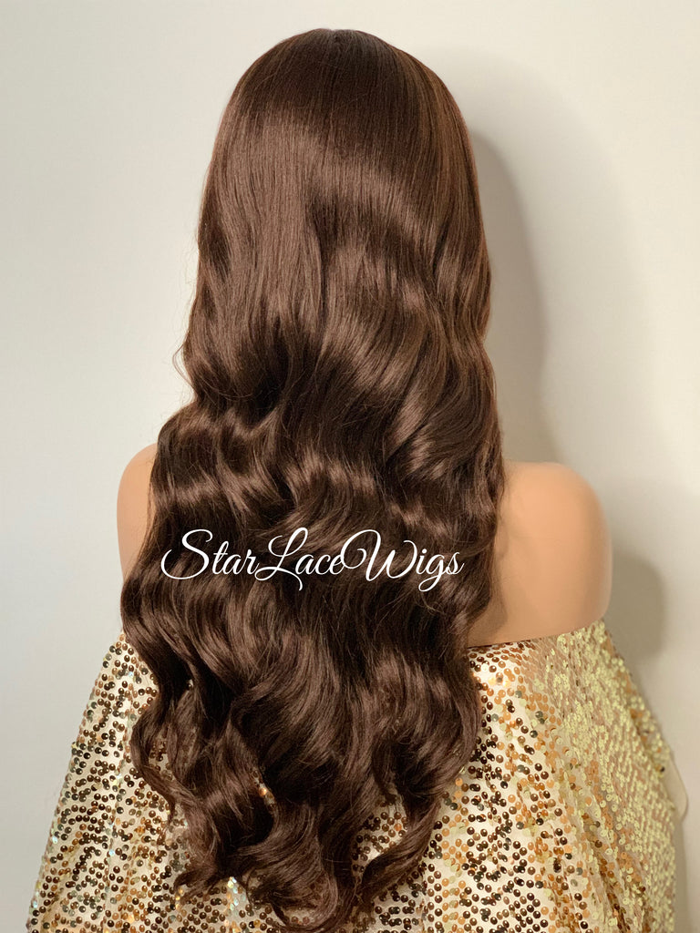 Long Chestnut Brown Wavy Human Hair Blend Lace Front Wig - Beverly
