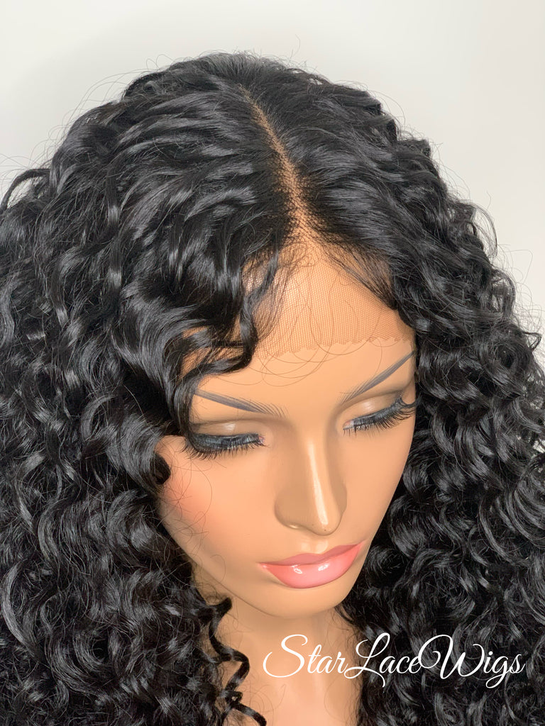 Curly Lace Front Wig Long Wavy Black Layers Middle Part - Kailey