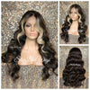 Long Wavy Brown Lace Front Wig (6x13) Parting Space Blonde Highlights - Ivy