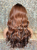 Long Wavy Brown Auburn Ombre Synthetic Lace Front Wig Bangs Dark Roots - Serena