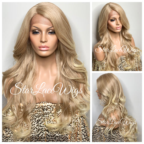 Long Wavy Brown Lace Front Wig (6x13) Parting Space Blonde Highlights - Ivy