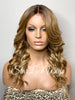 Long Full Wig Synthetic Curly Golden Honey Blonde Dark Roots Middle Part - Willow