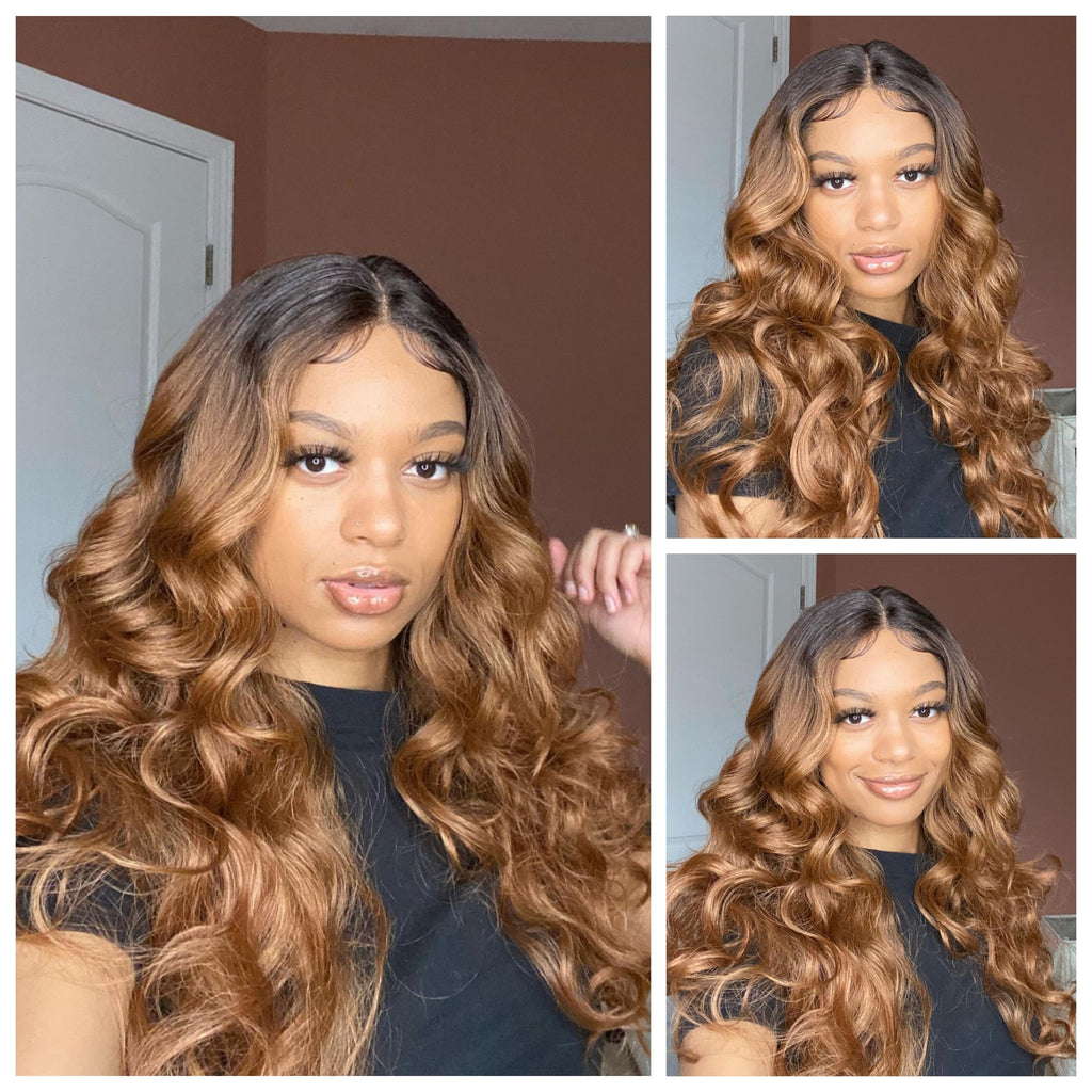Long Strawberry Blonde Synthetic Lace Front Wig Dark Root Curly #30 - Tulia