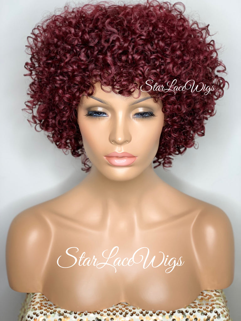 Short Curly Wig Layers Burgundy Bangs - Justina