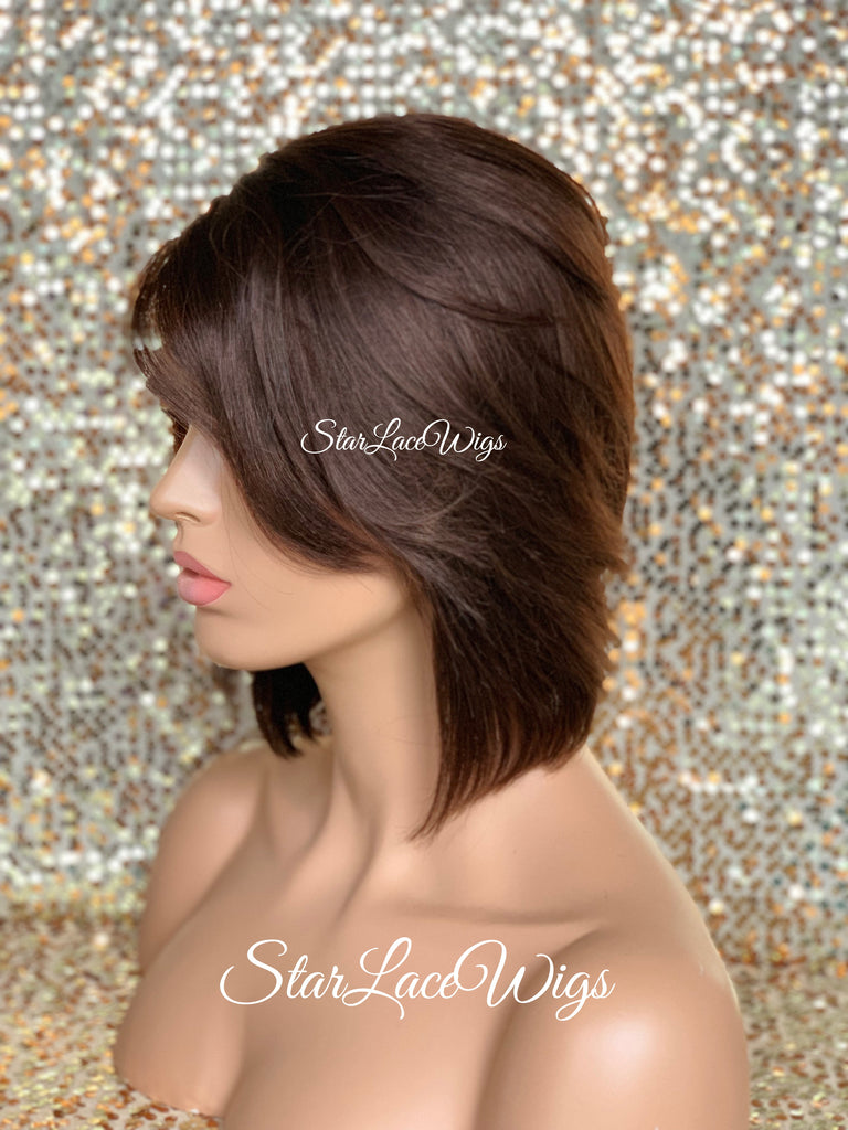 Lace Front Wig Asymmetrical Angled Bob Straight Brown #4 Feathered - Mara