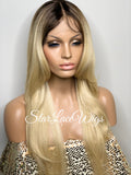 Long Blonde Straight Synthetic Lace Front Wig Dark Roots Layers - Amy