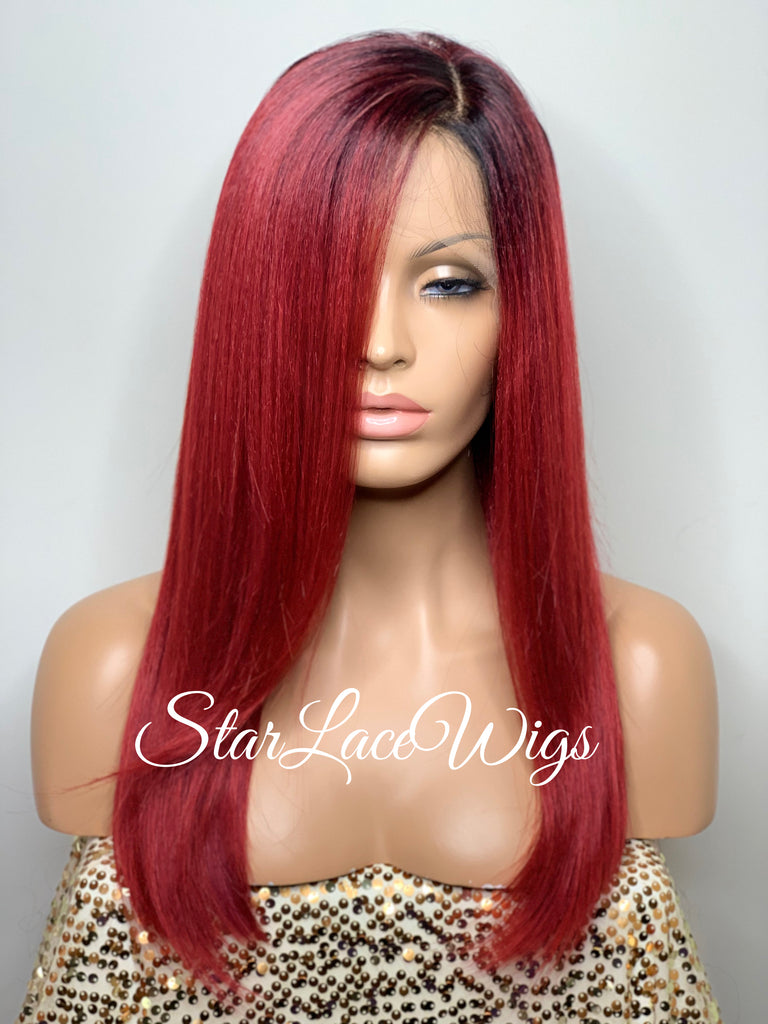 Long Straight Red Black Roots Lace Front Wig (6x13) Parting Space - Anita