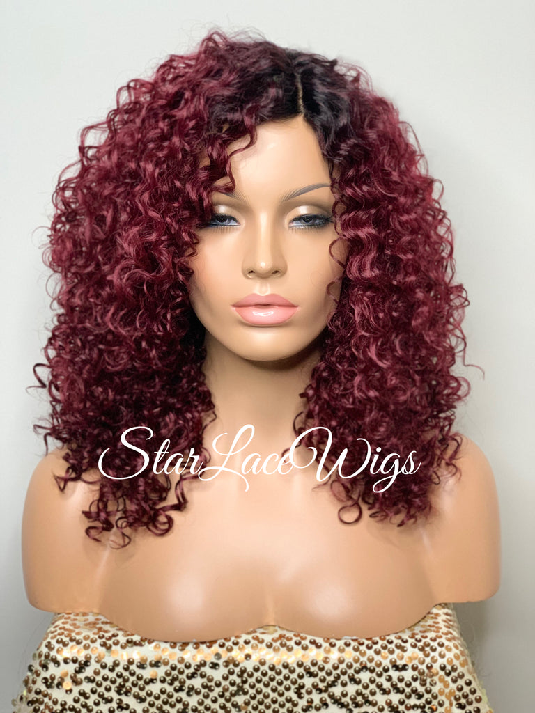 Synthetic Curly Full Wig Burgundy Dark Roots Shoulder Length - Cintia