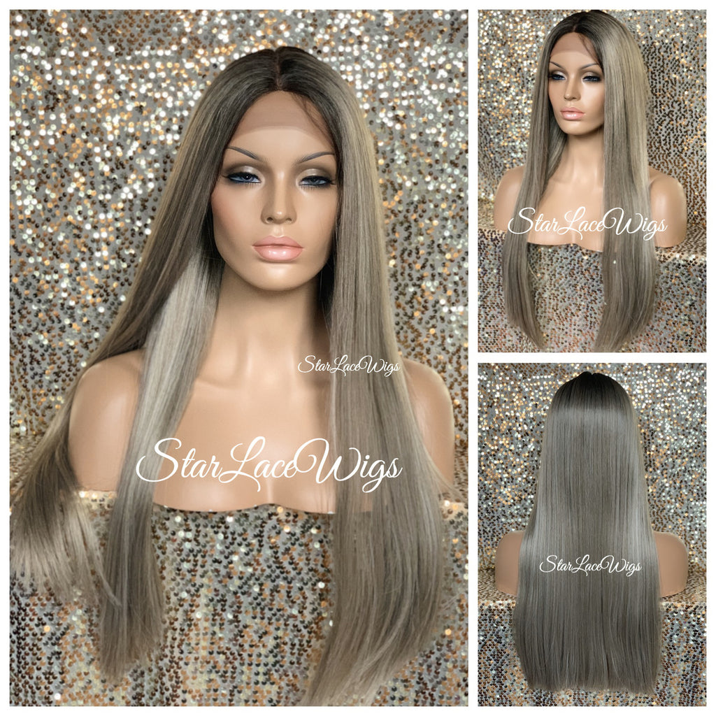 Long Straight Dirty Ash Blonde Lace Front Wig Dark Roots Middle Part Synthetic - Mila