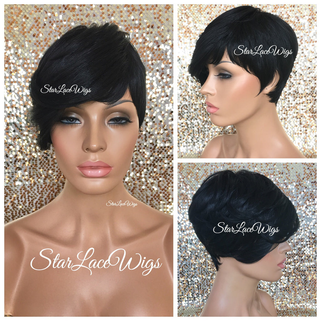 Short Synthetic Wig Black Pixie Bangs - Aubree