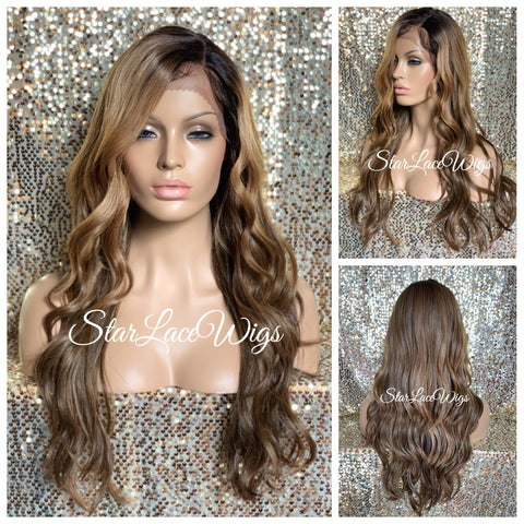 Lace Front Wig Long Wavy Loose Curls Brown Honey Blonde Highlights - Annette