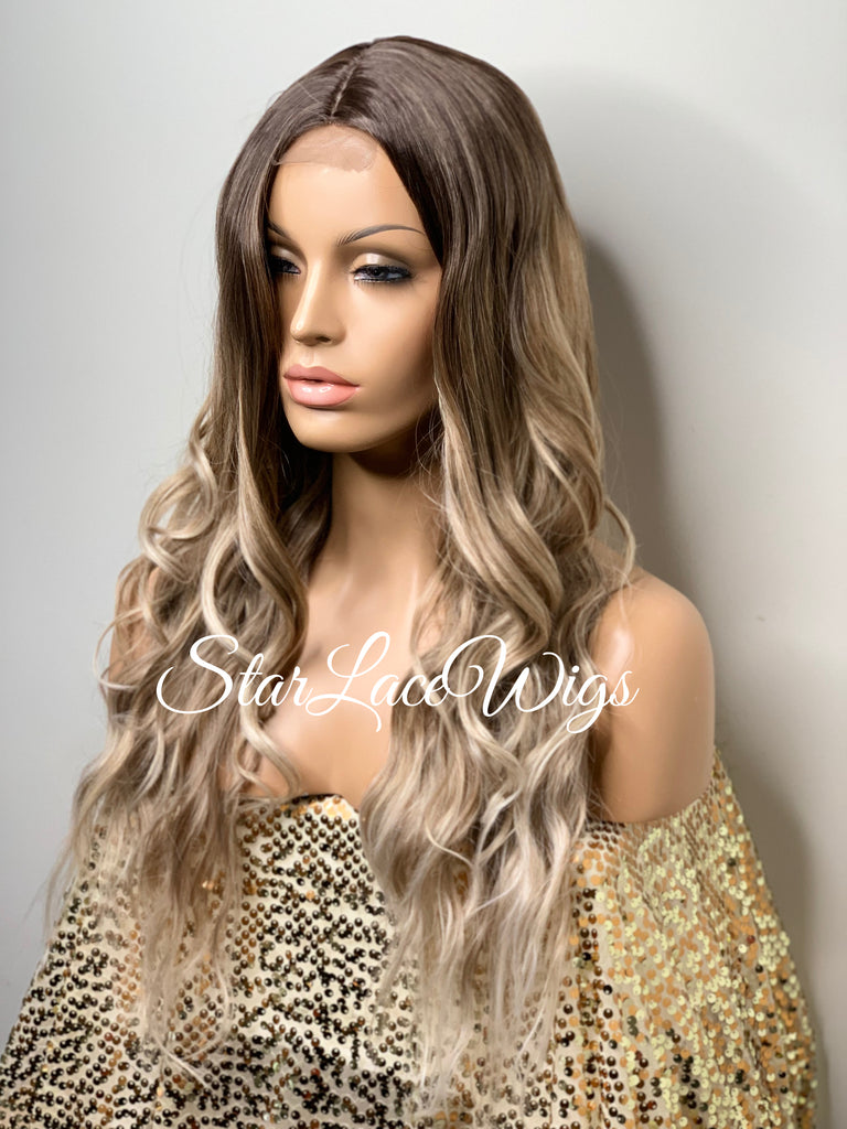 Long Full Wig Synthetic Curly Balayage Ash Blonde Dark Roots Middle Part - Alice