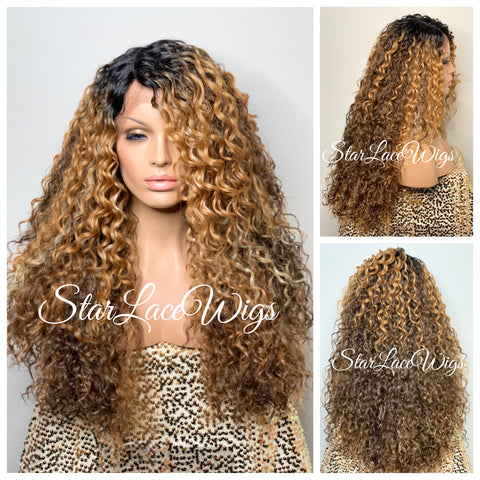 Lace Front Wig Long Synthetic Curly Layers Brown #4 Highlights #30 - Fawn