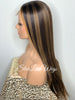 Long Straight Lace Front Wig Dark Brown Middle Part Highlights Synthetic - Mimi