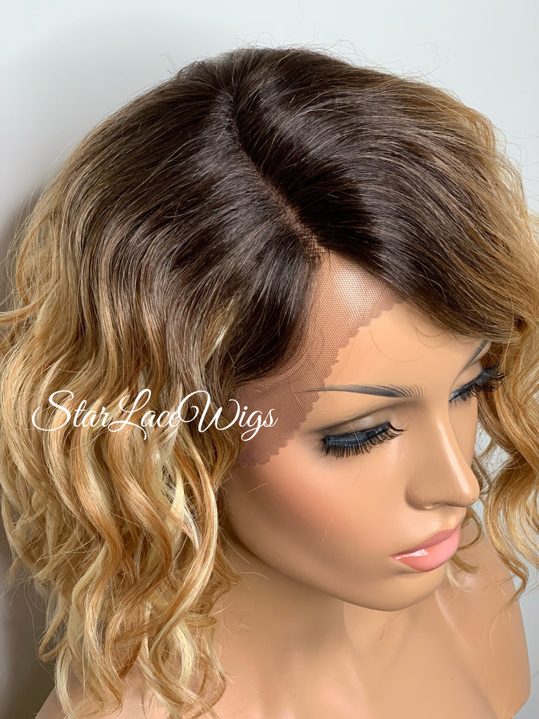Lace Front Wig Short Wavy Honey Blonde Synthetic Bob Brown Roots - Paula