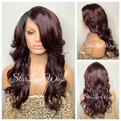 Lace Front Wig Long Synthetic Wavy Layers Black Middle Part - Ashley