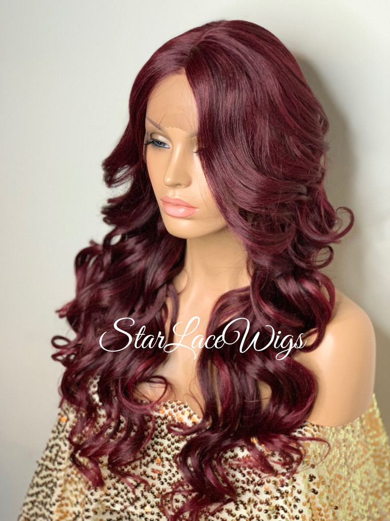 Lace Front Wig Long Synthetic Curly Layers Burgundy Middle Part - Candy