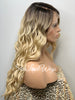 Long Blonde Wavy Synthetic Lace Front Wig Dark Roots Side Part - Maria